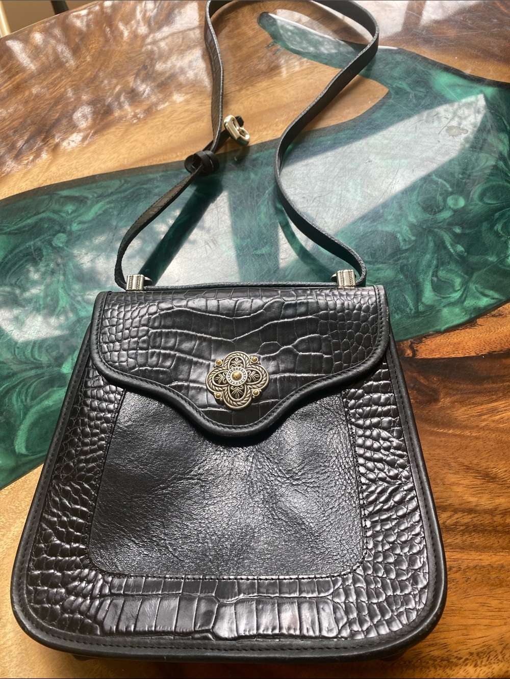Brighton Black Croc-Embossed Leather Crossbody with Gold Medallion